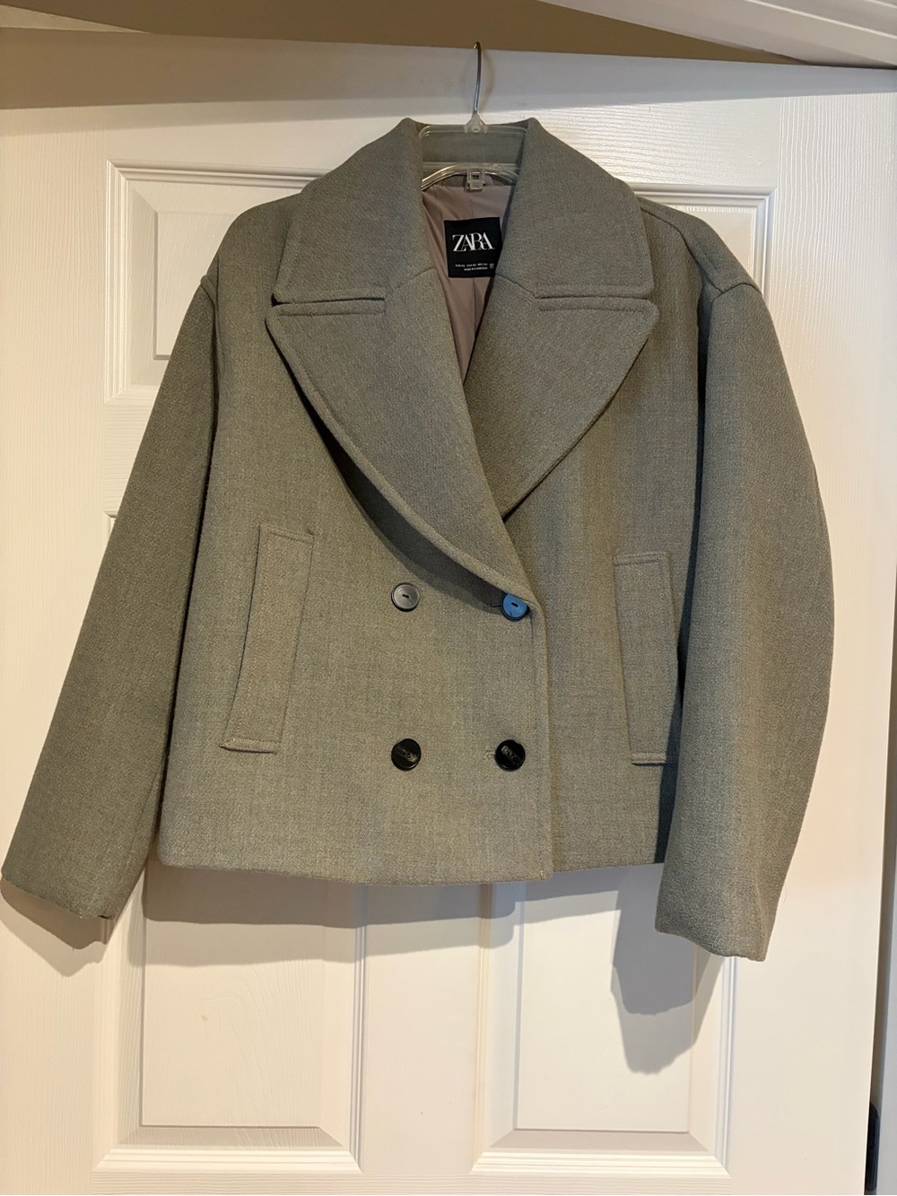 Zara Double-Breasted Short Pea Coat - Olive Green